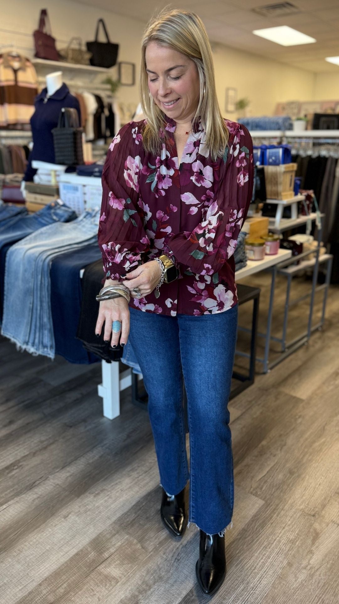 Pleated Sleeve Floral Button Blouse