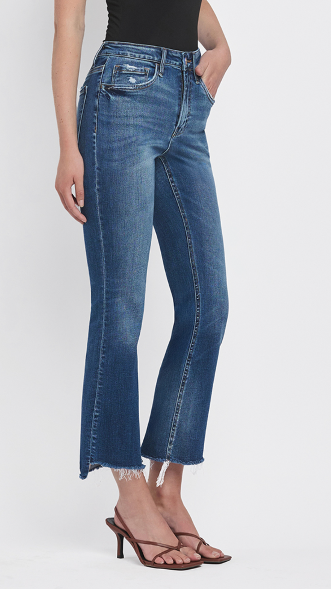 High Rise Dark Wash Raw Step Hem Crop Flare Jeans