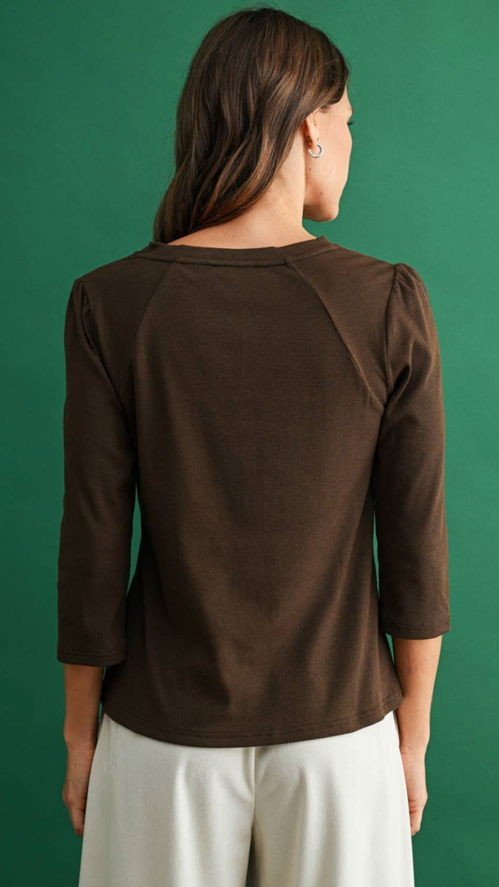 Brown Puff Sleeve Knit Top