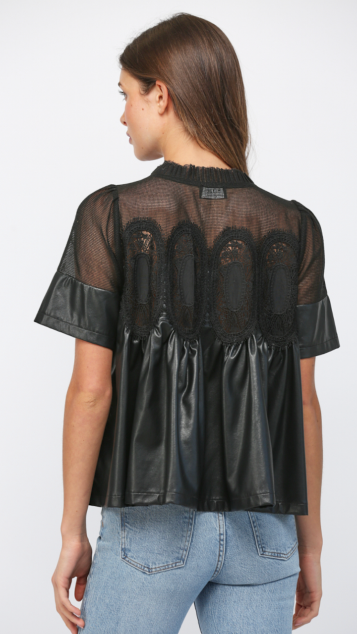 Lace Overlay Faux Leather Babydoll Top