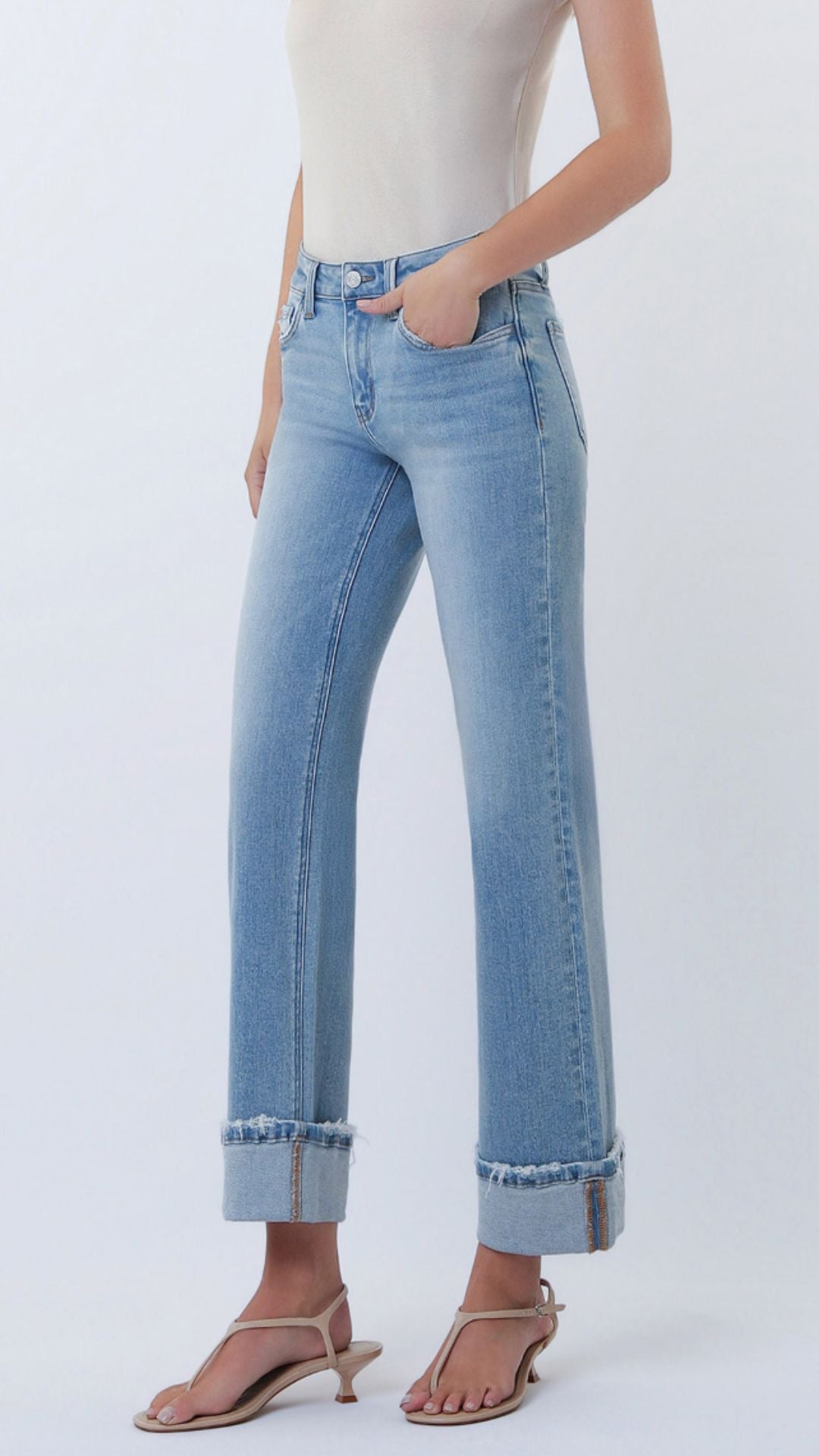Mid Rise Medium Light Cuffed Slim Wide Leg Jeans