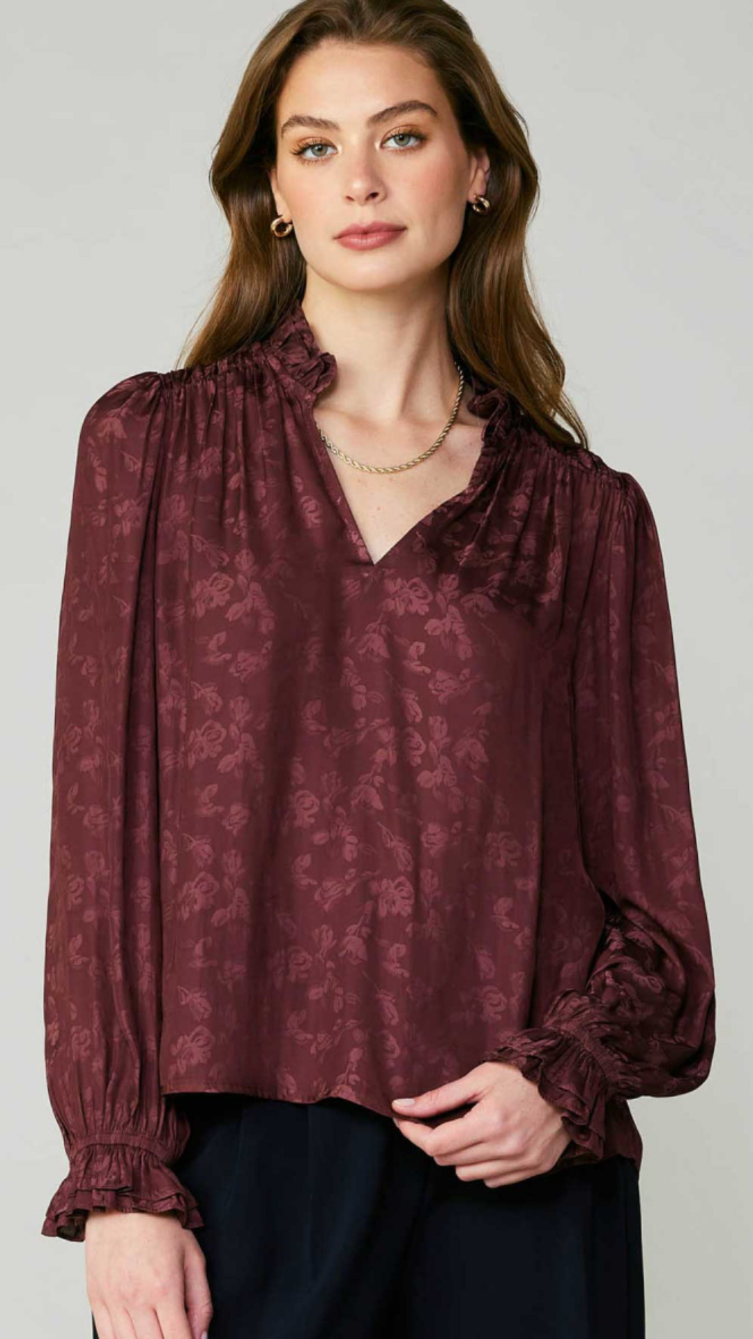 Wine Floral Ruffled Blouse