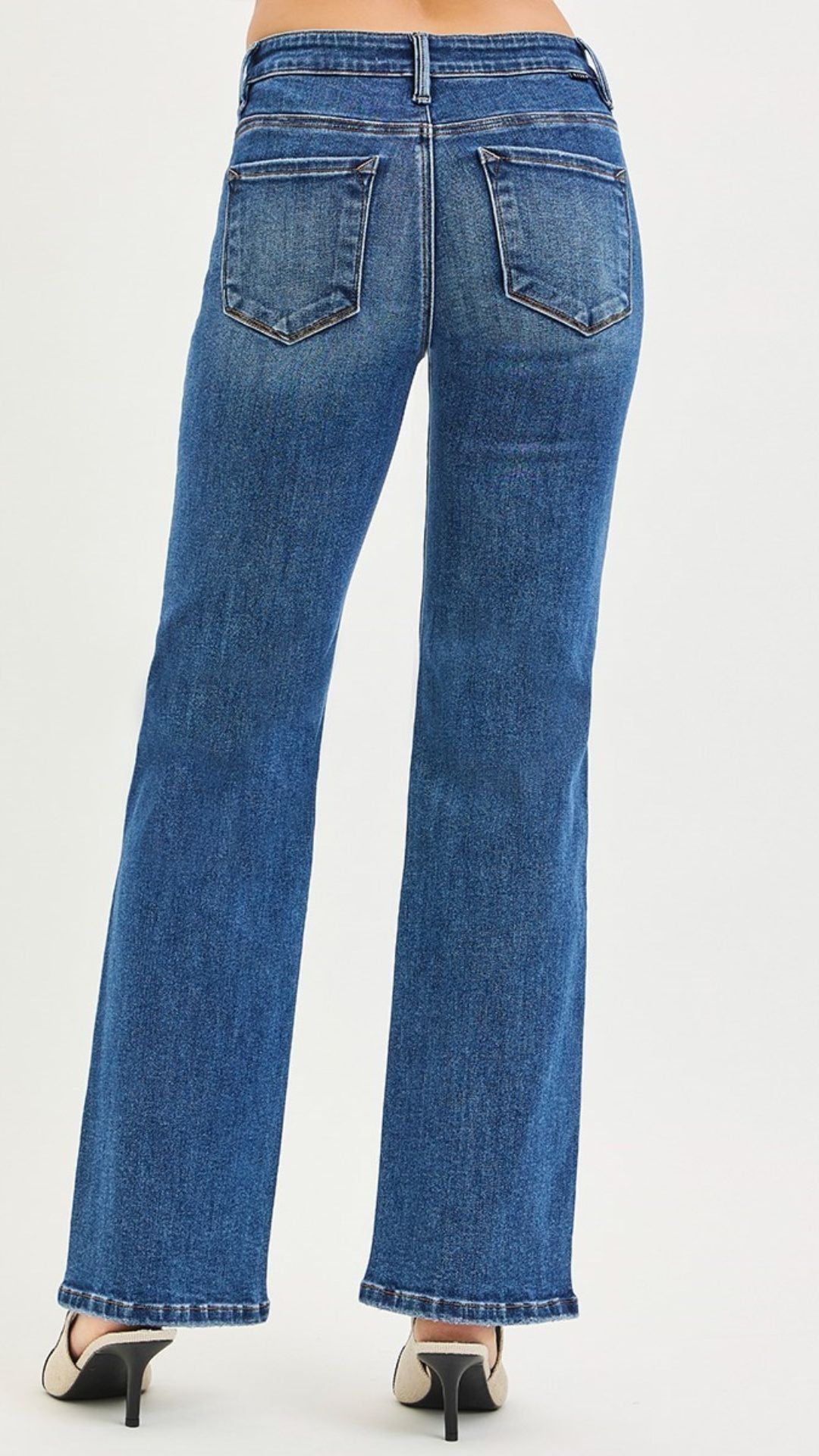 Low Rise Medium Wash Tummy Control Full Length Bootcut Jeans