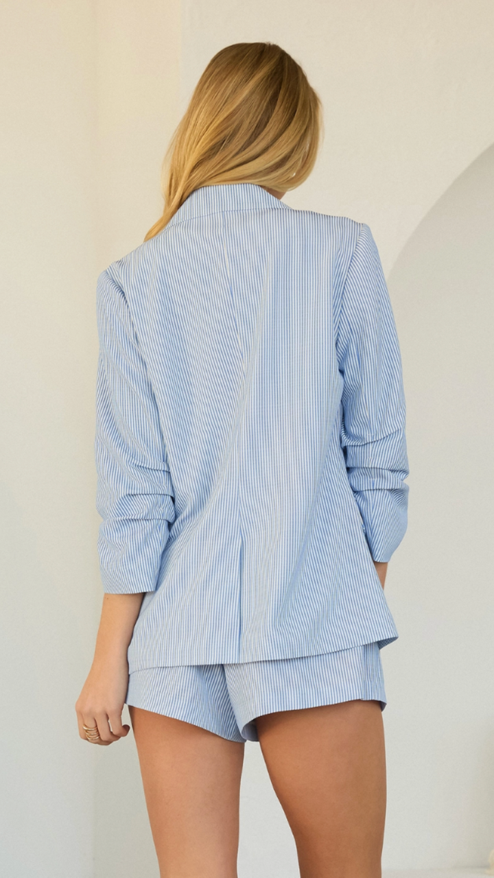 Chambray Shirred Sleeve Blazer