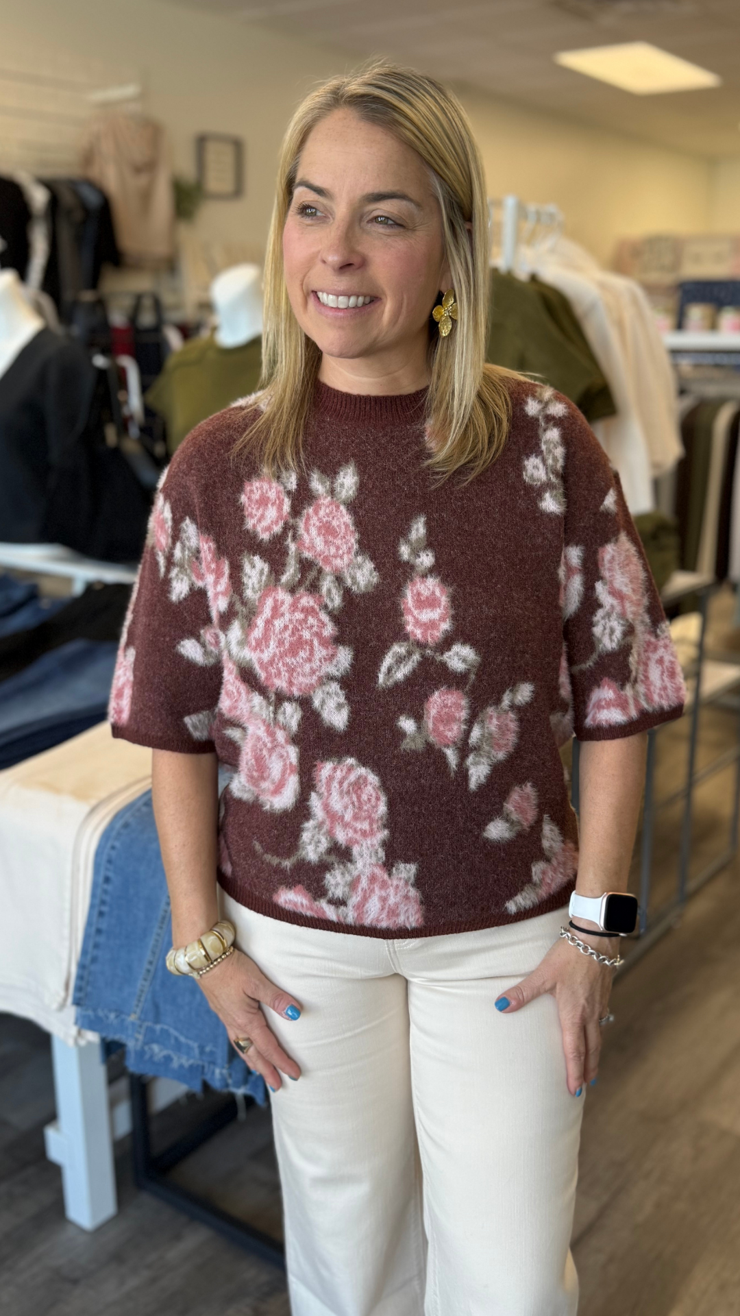 Balloon Elbow Sleeve Floral Jacquard Knit Sweater