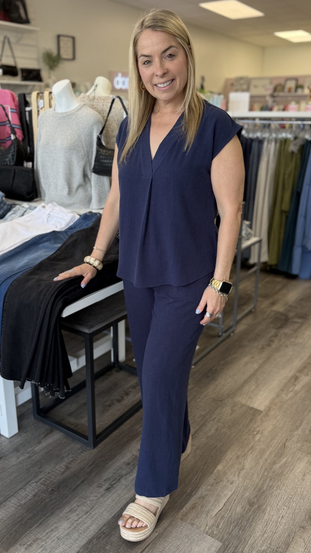 Navy Elastic Waist Pants