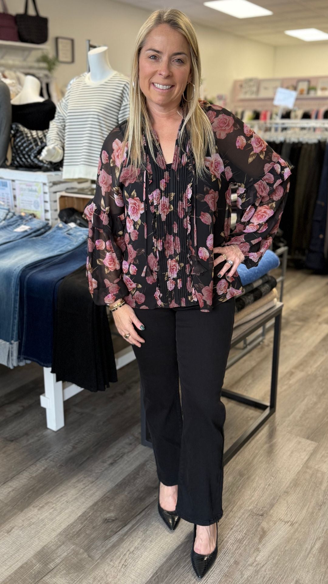 Rose Pleated Sheer Ruffled Blouse