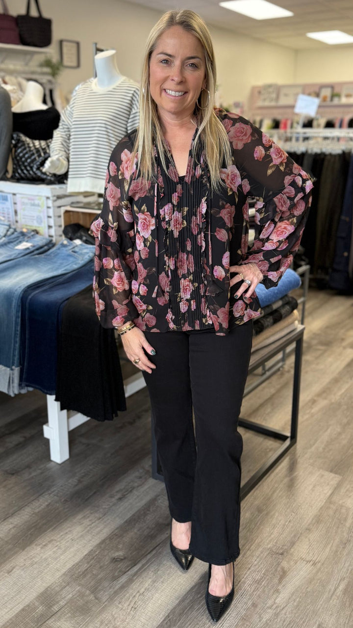 Rose Pleated Sheer Ruffled Blouse