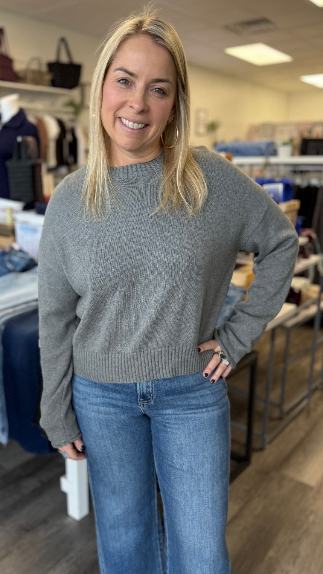 Gray Cotton Round Neck Sweater