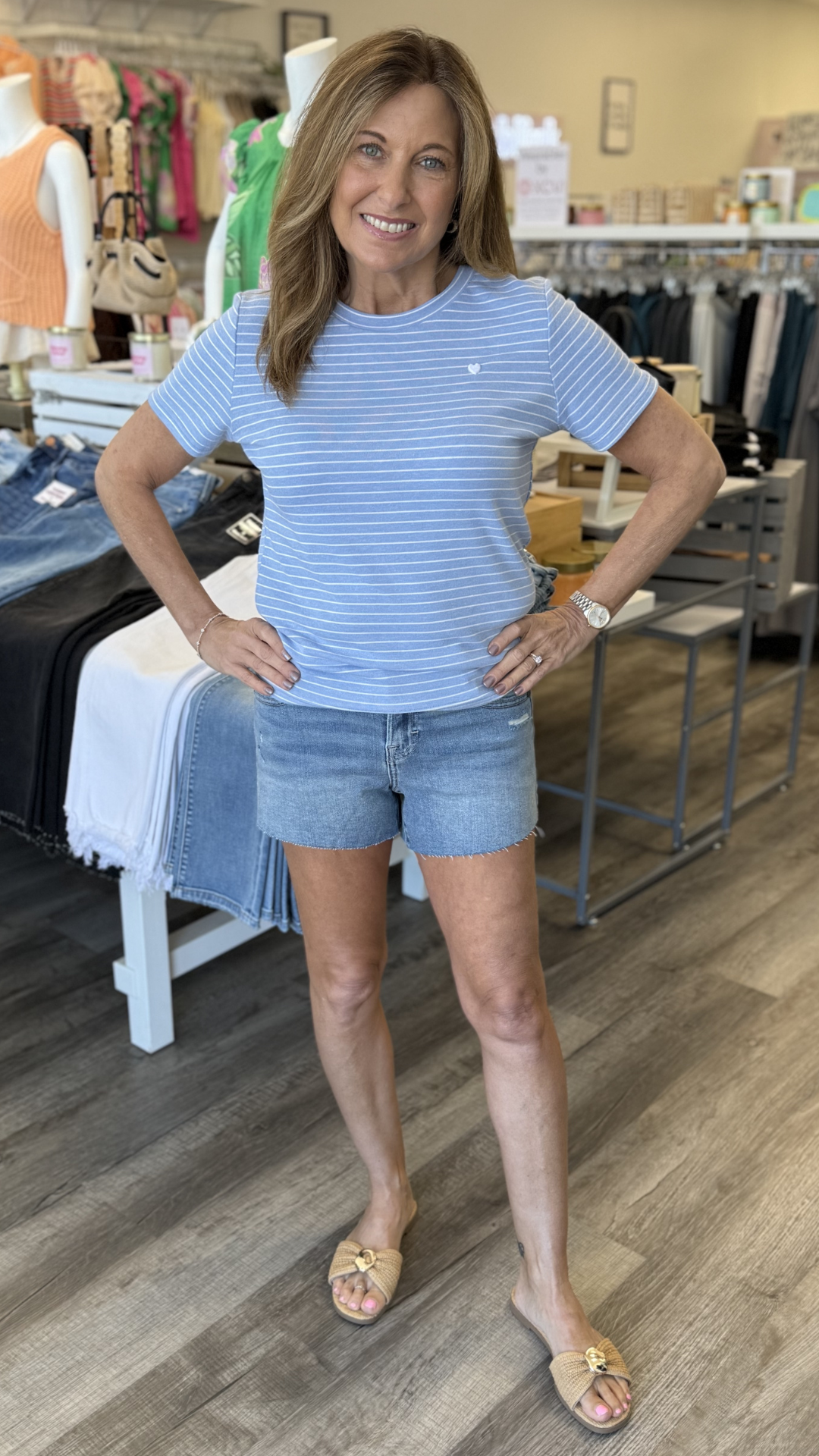 Mid Rise Medium Wash Distressed Shorts