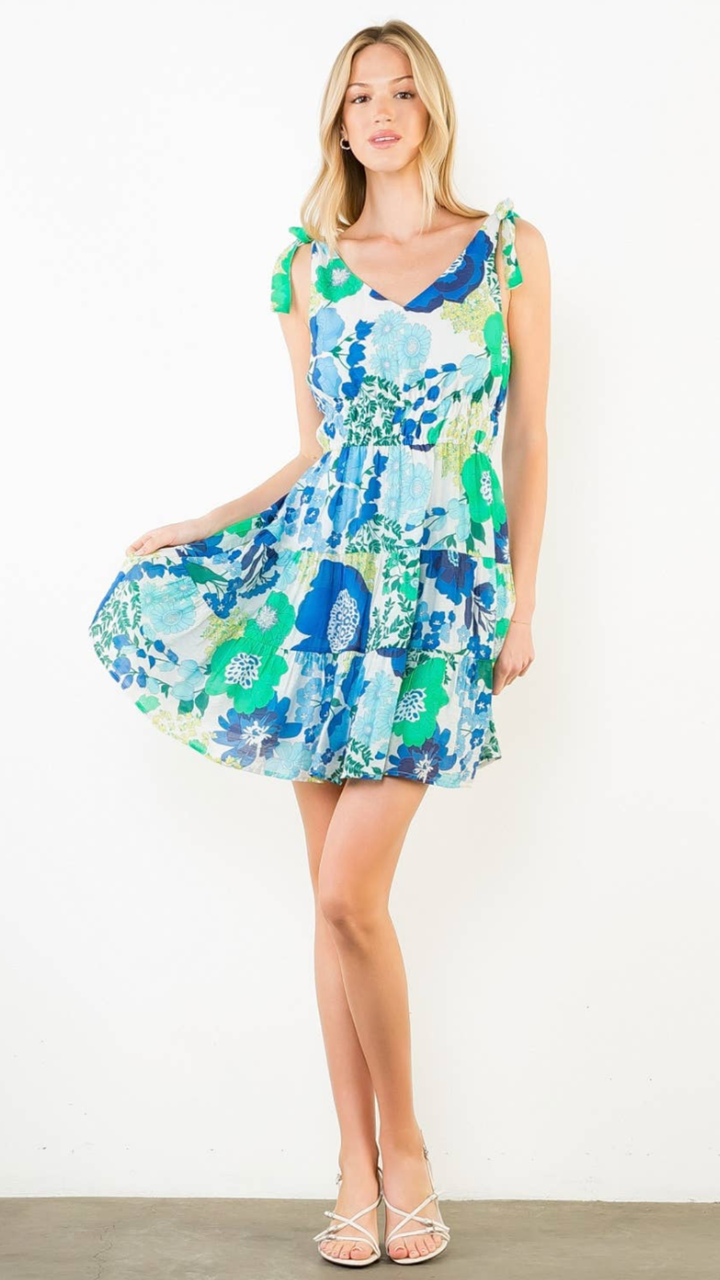 Floral Print Dress With Shoulder Tie Straps
