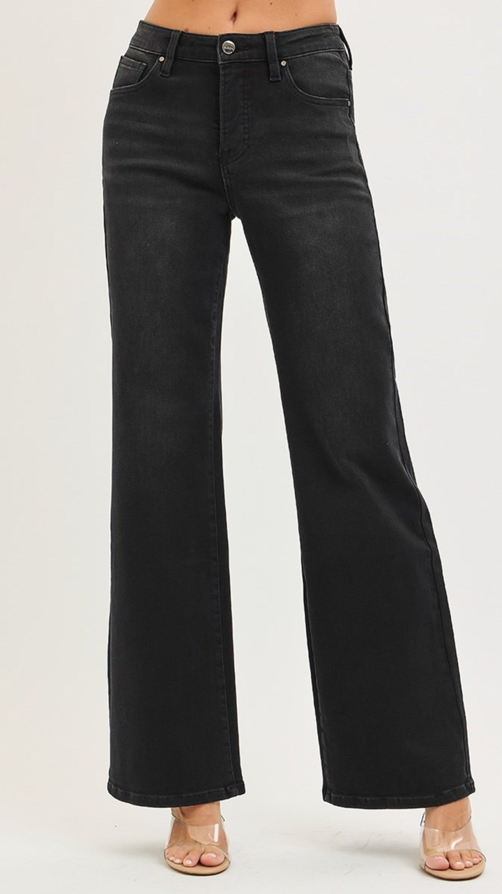 High Rise Jet Black Tummy Control Wide Leg Jeans