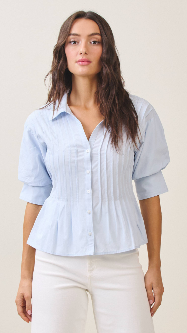 Sky Blue Short Sleeve Pintuck Top