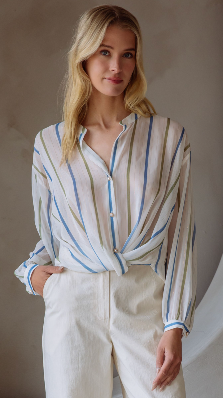 Stripe Surplice Sheer Long Sleeve Blouse