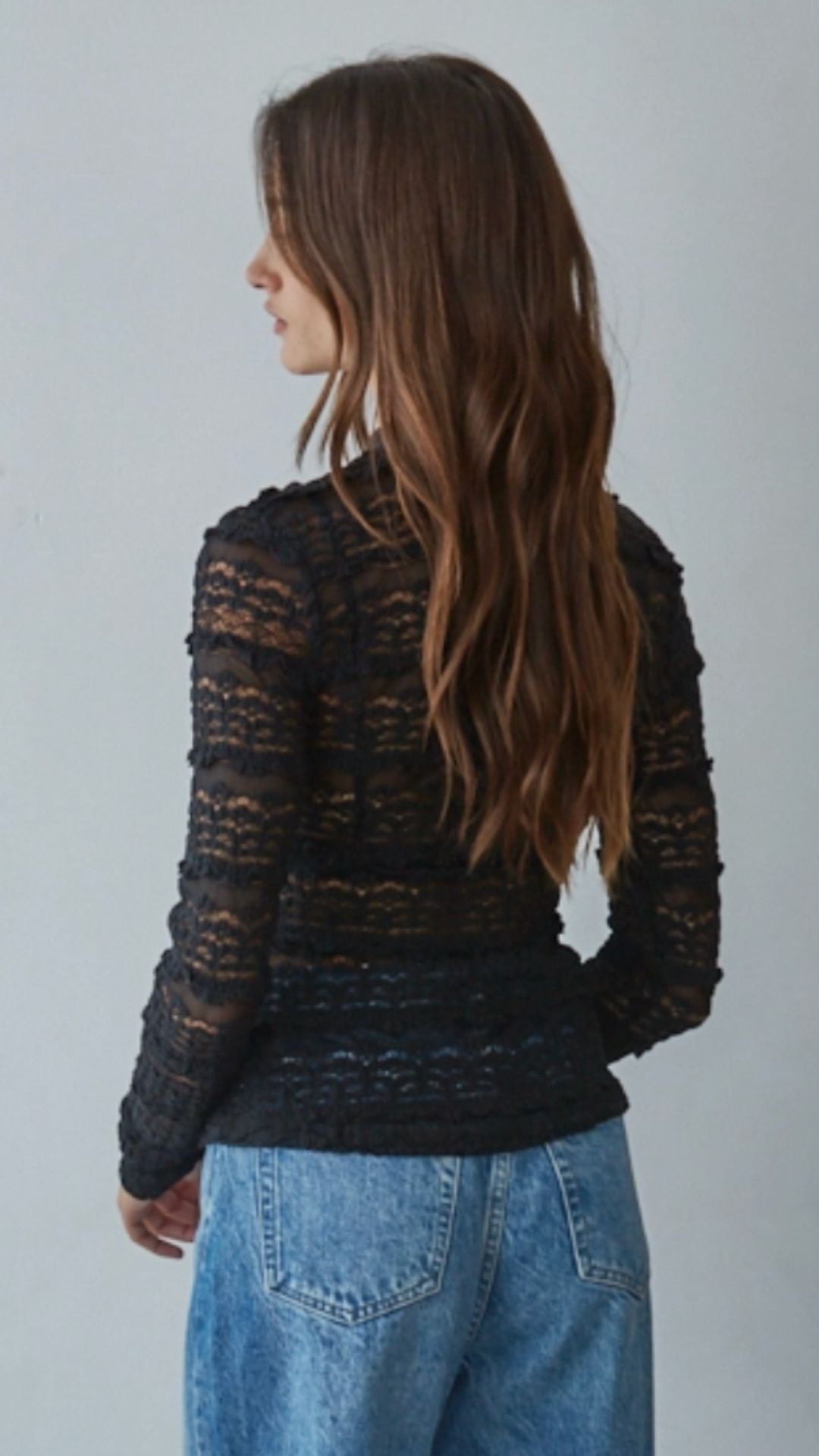 Black Woven Lace See Through Mock Top