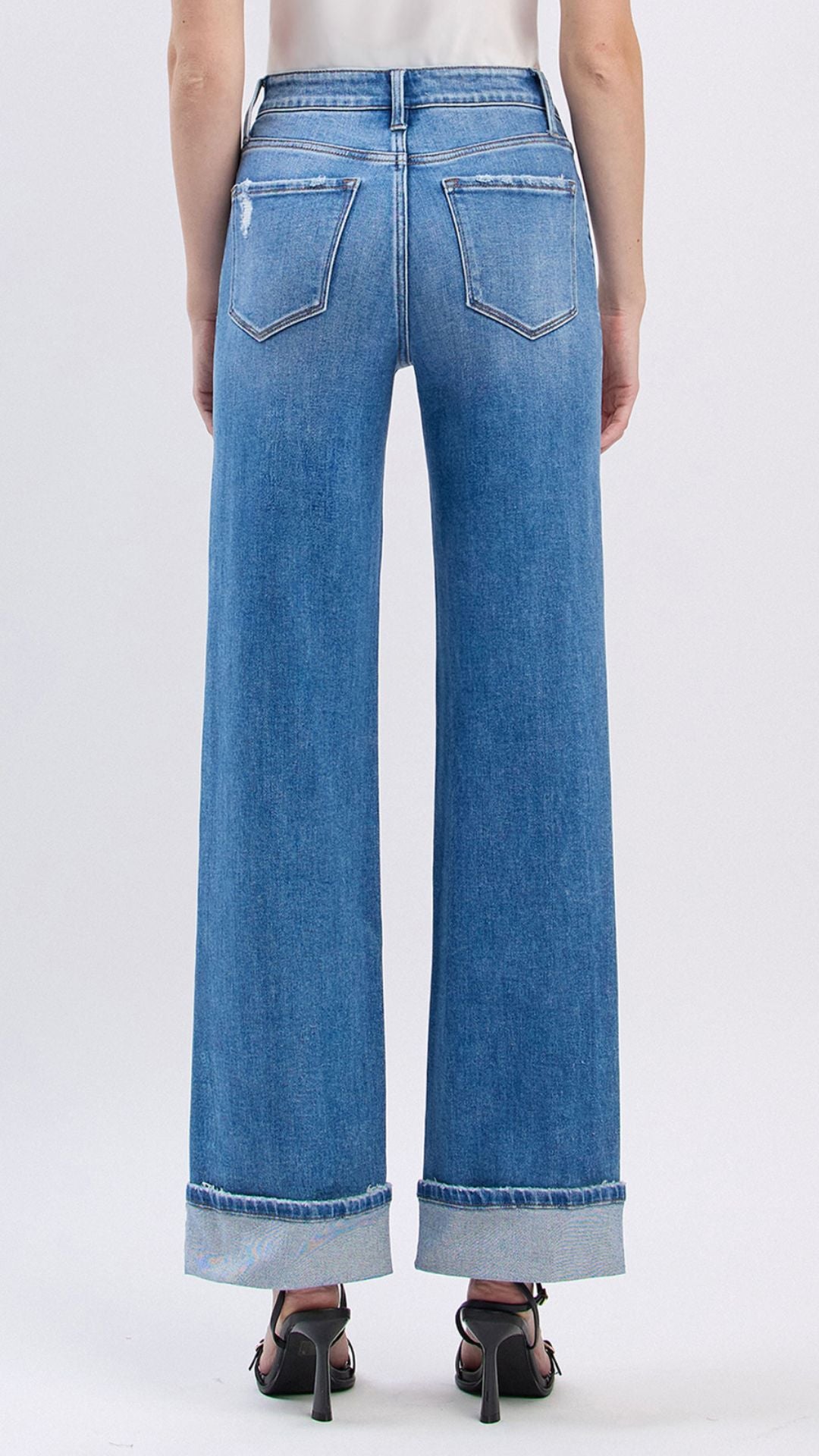 High Rise Medium Wash Full Length Cuffed Wide Jeans