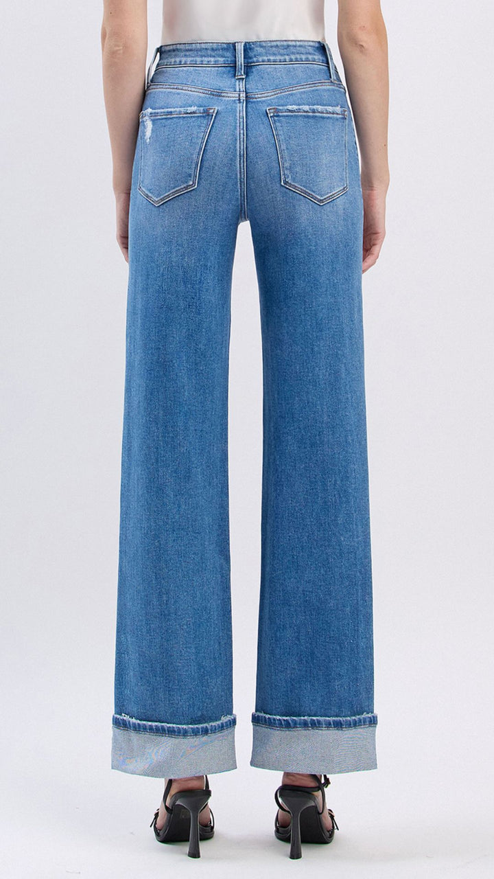 High Rise Medium Wash Full Length Cuffed Wide Jeans