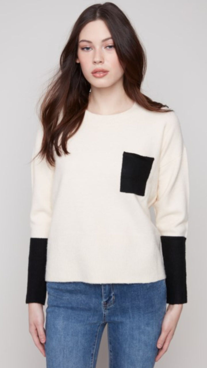 Ecru Crew Neck Sweater With Contrast Details
