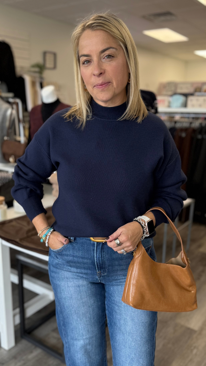 Navy Mock Neck Knit Sweater