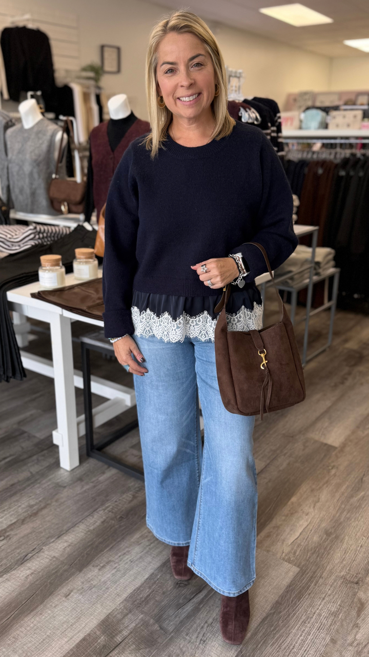 Navy Lace Bottom Sweater