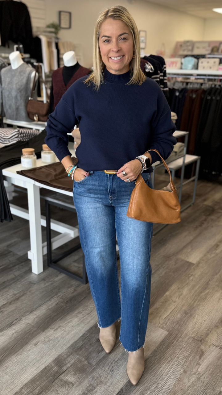 Navy Mock Neck Knit Sweater