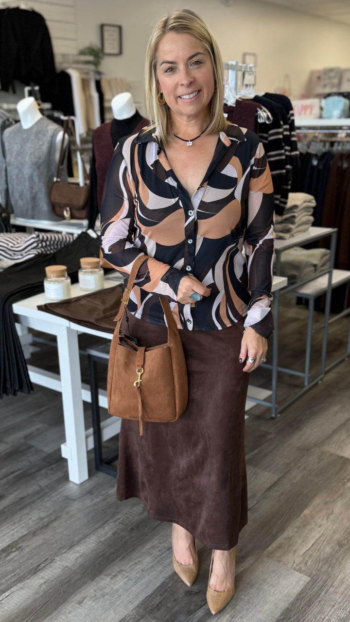 Brown Multi Color Mesh Collared Button Up Top