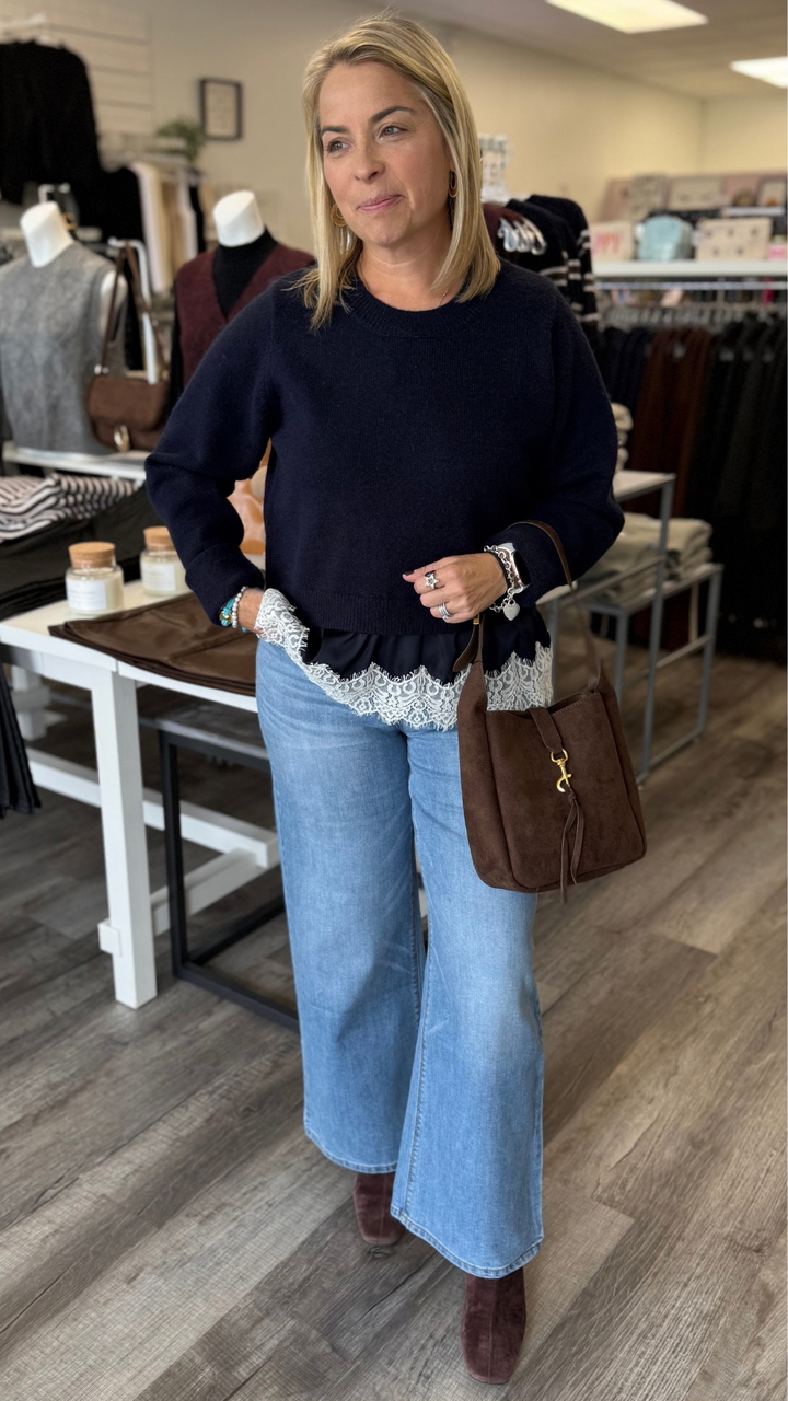Navy Lace Bottom Sweater
