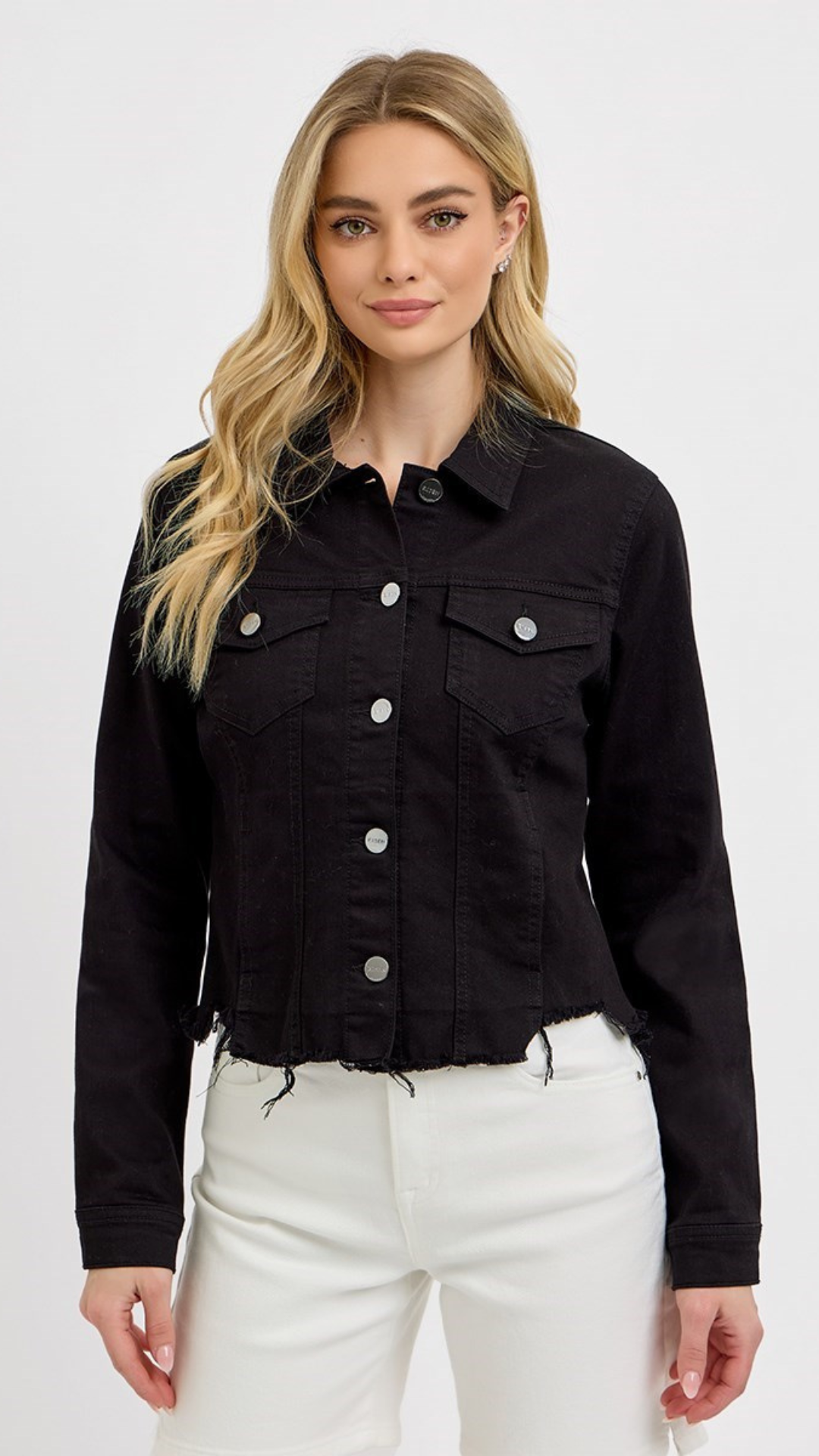 Black Irregular Frayed Hem Denim Jacket