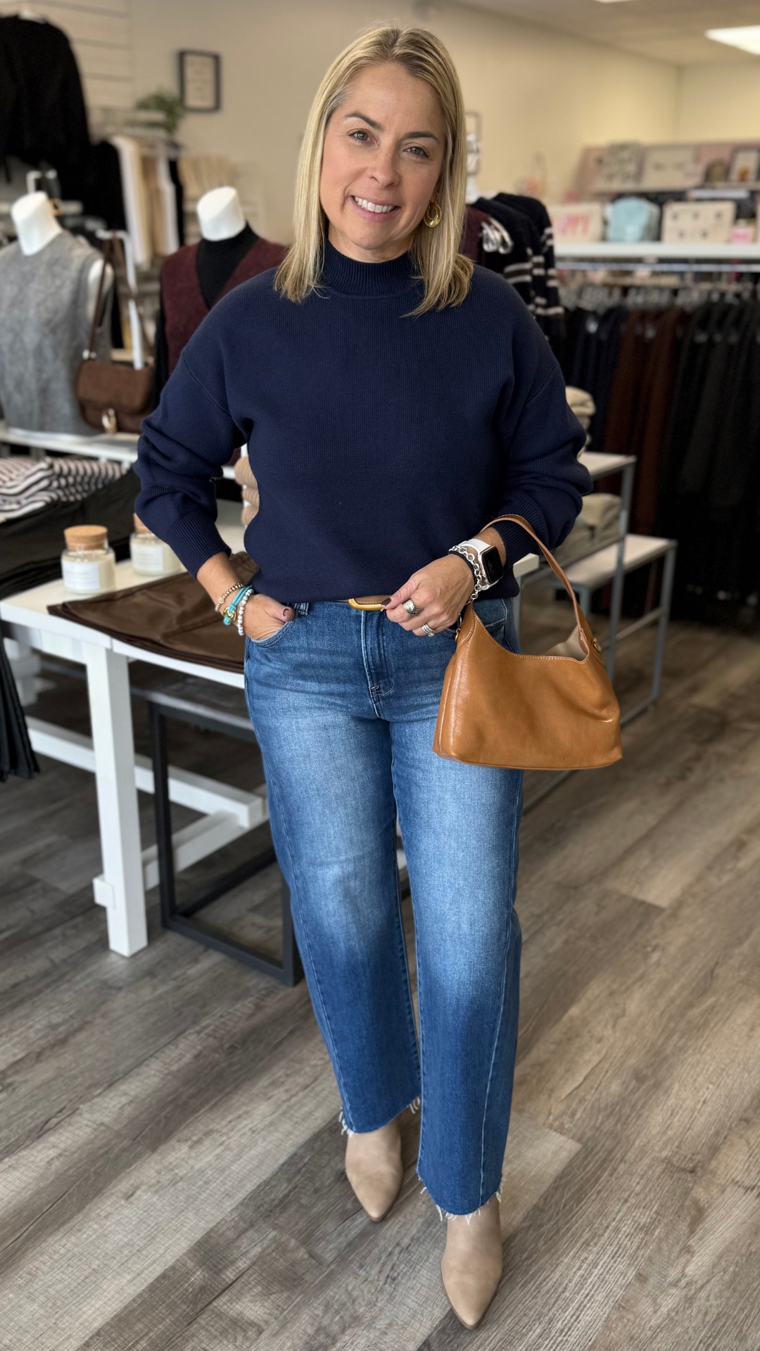 Navy Mock Neck Knit Sweater