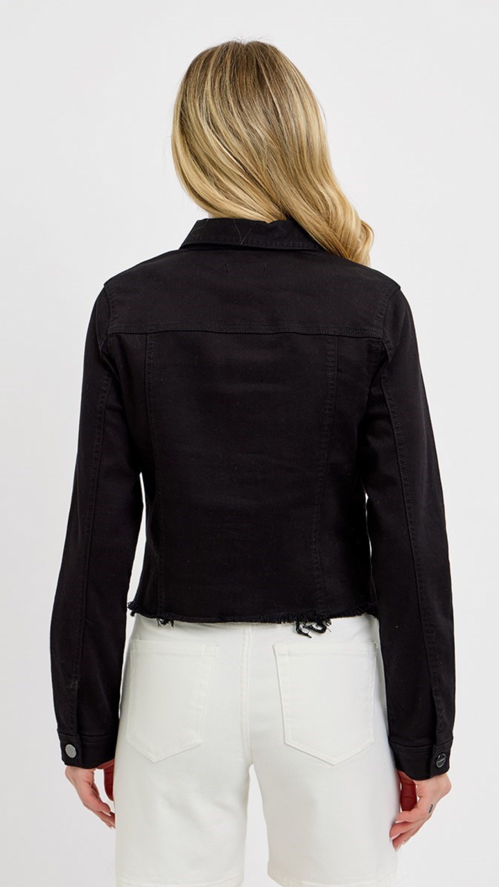 Black Irregular Frayed Hem Denim Jacket