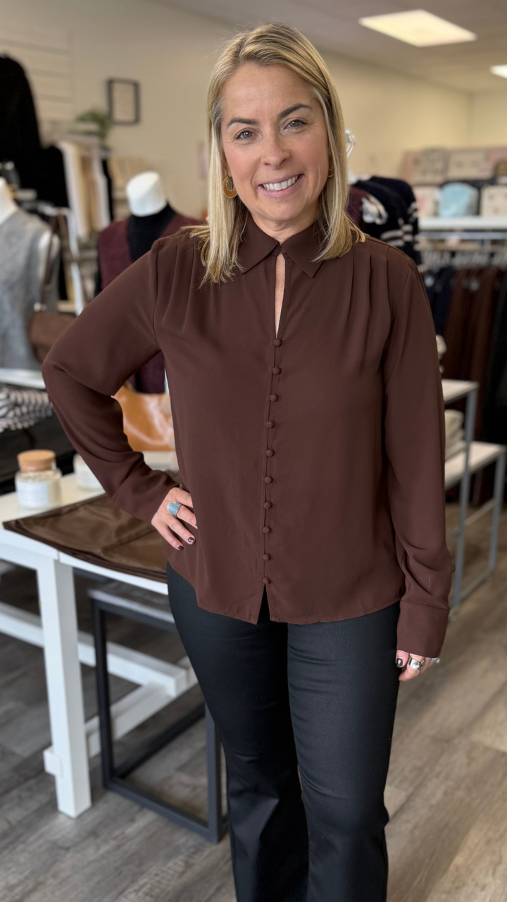 Dark Brown Keyhole Front Pleated Shoulder Blouse