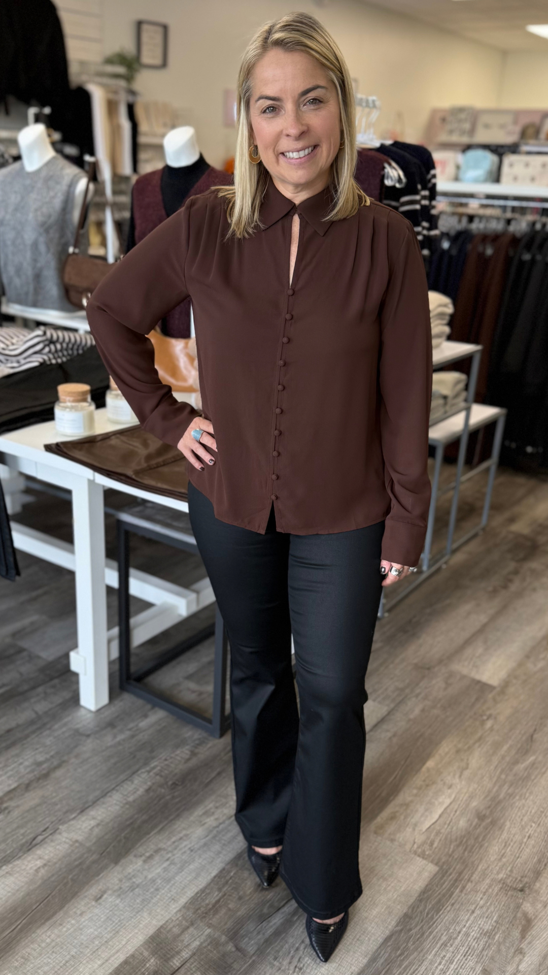 Dark Brown Keyhole Front Pleated Shoulder Blouse