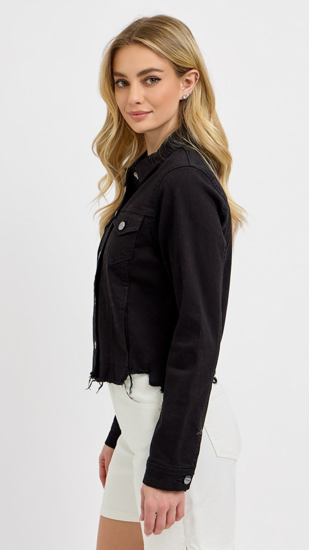 Black Irregular Frayed Hem Denim Jacket