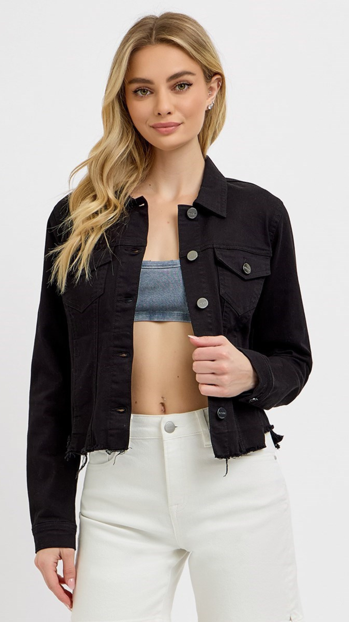 Black Irregular Frayed Hem Denim Jacket