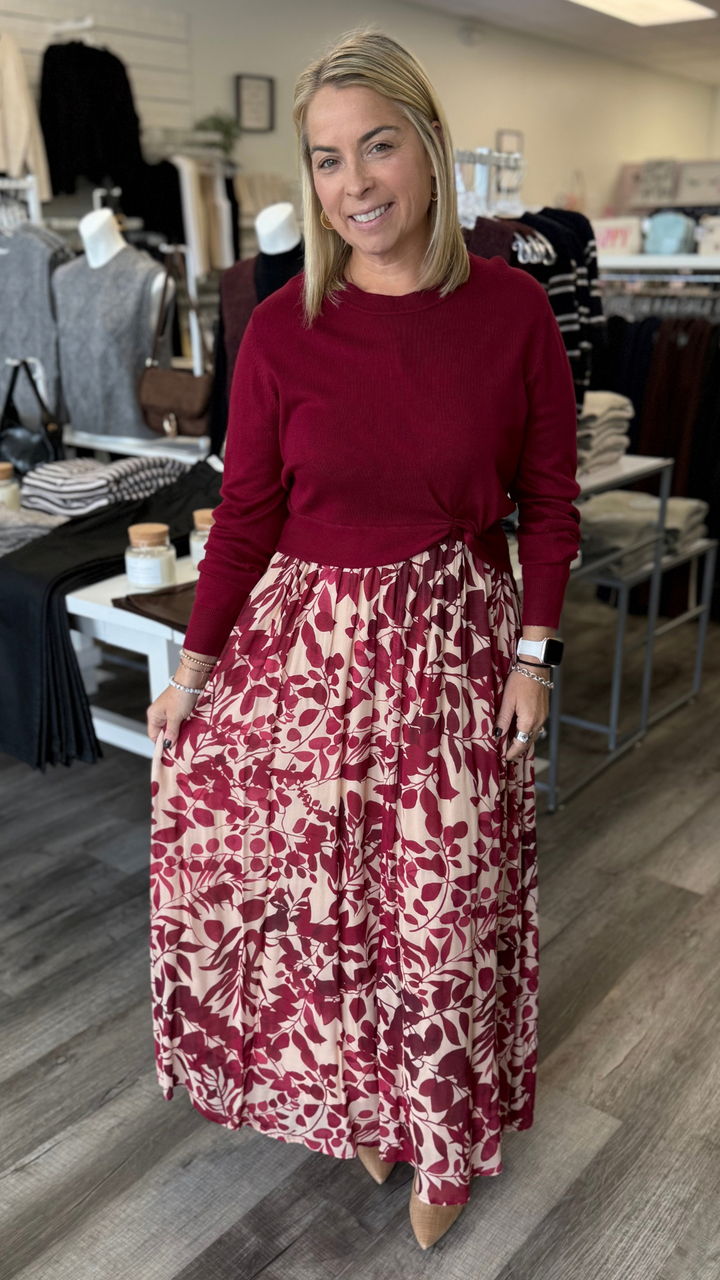 Burgundy Knit Sweater And Floral Print Midi Dress