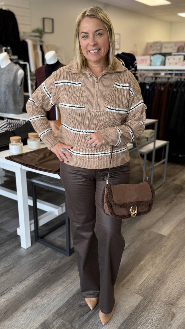 High Rise Coated Brown Classic Straight Full Length Jeans