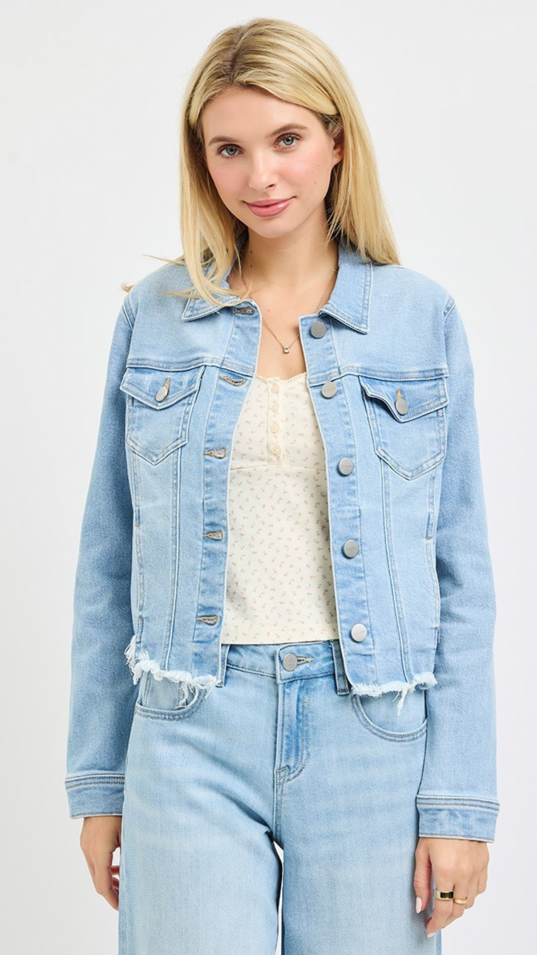 Light Wash Irregular Frayed Hem Denim Jacket