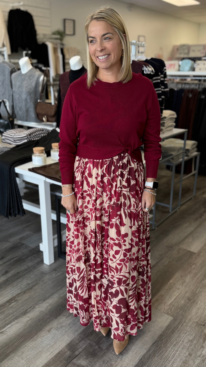 Burgundy Knit Sweater And Floral Print Midi Dress