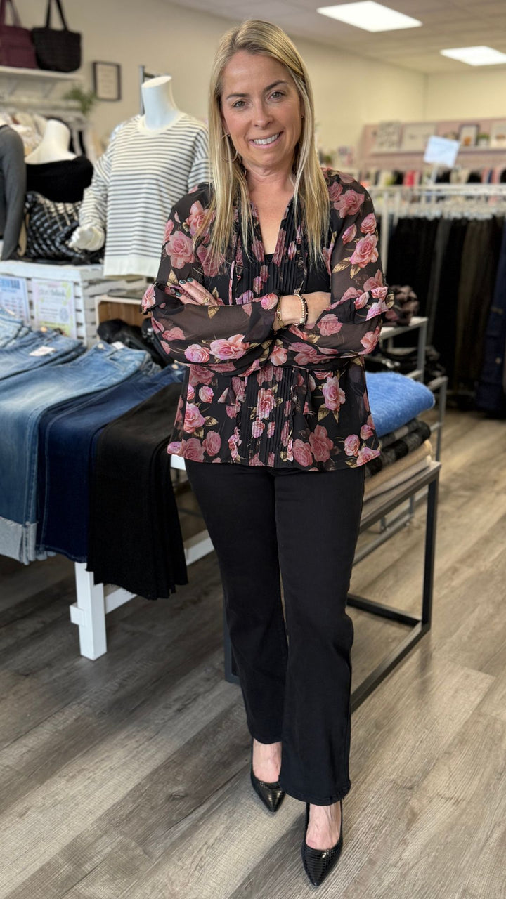 Rose Pleated Sheer Ruffled Blouse