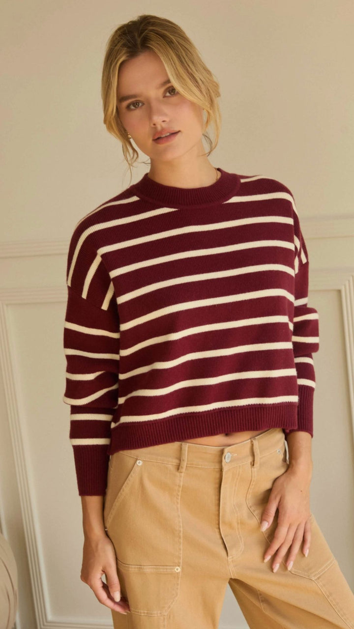 Burgundy And Ivory Stripe Sweater