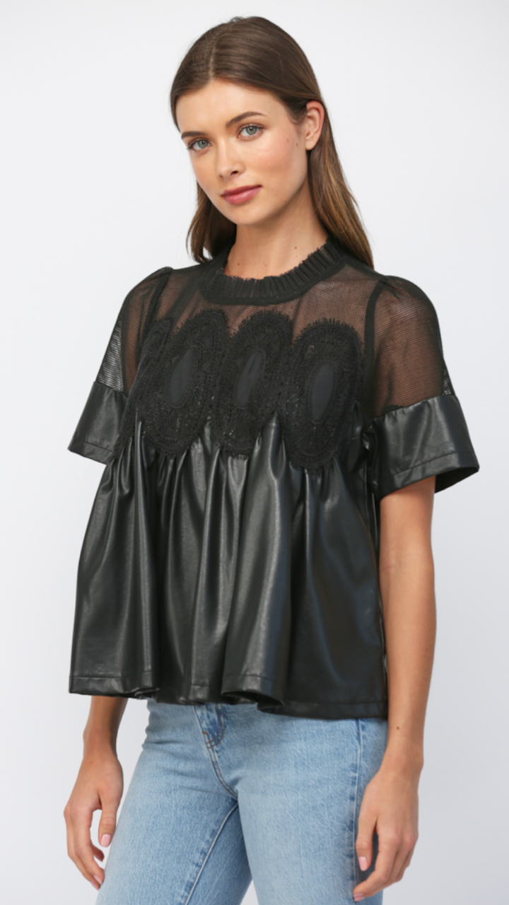 Lace Overlay Faux Leather Babydoll Top
