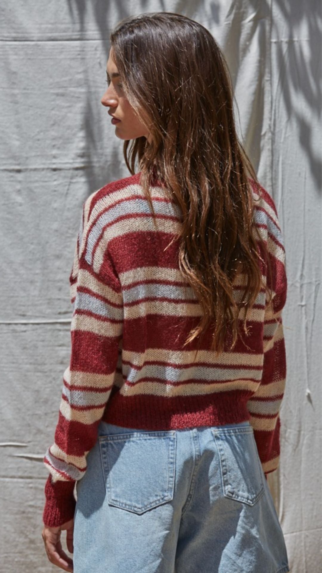 Burgundy Multi Stripe Crop Cardigan Sweater