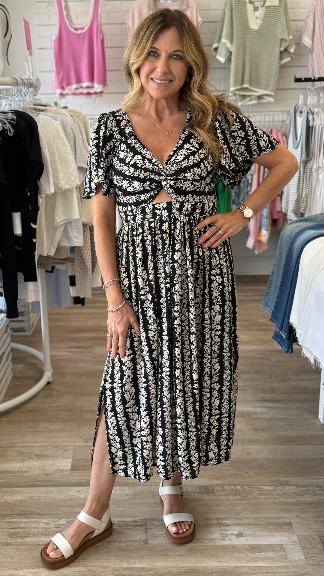Flutter Sleeves V Neck Twist Front Midi Dress