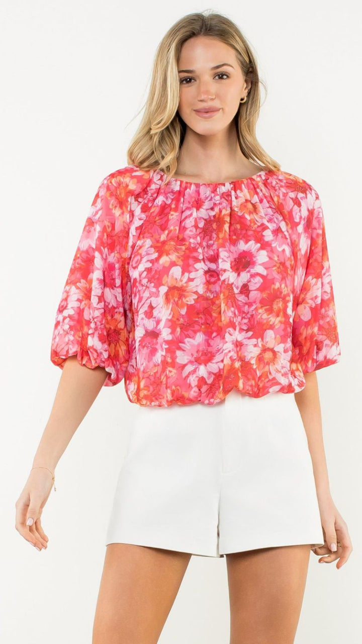 Floral Elastic Hem Balloon Sleeve Blouse