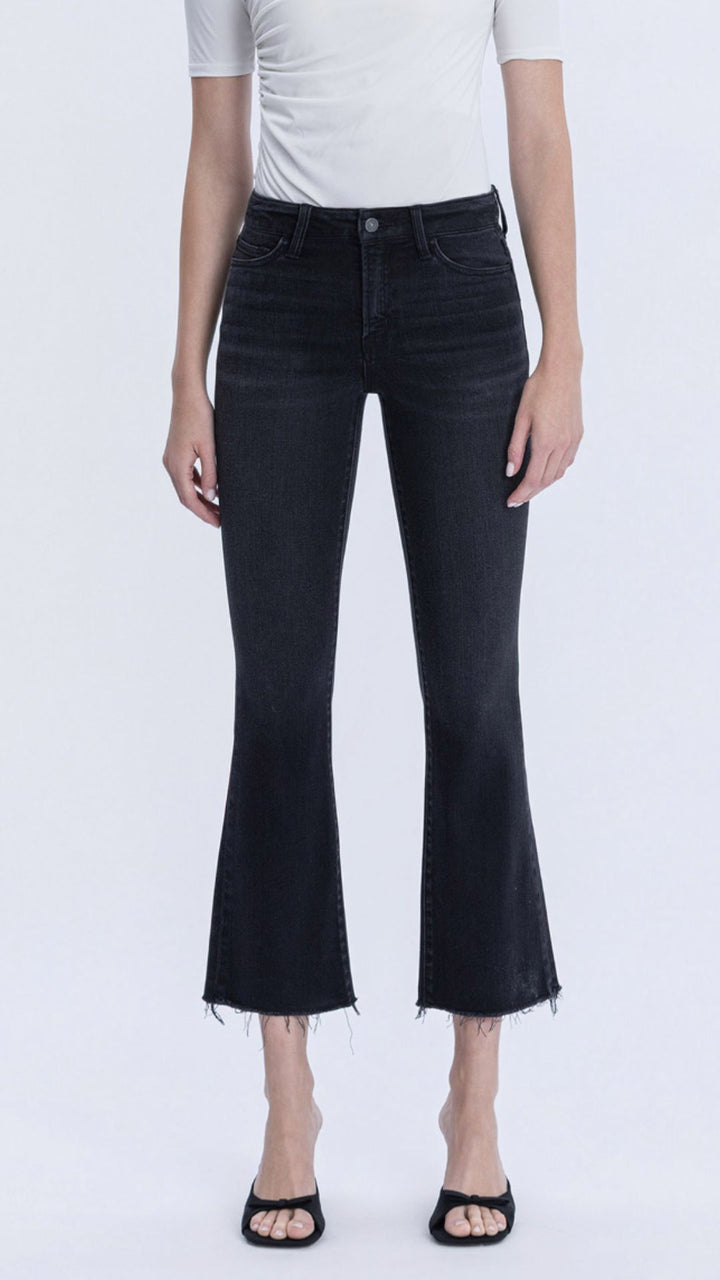 High Rise Black Raw Hem Ankle Bootcut Jeans