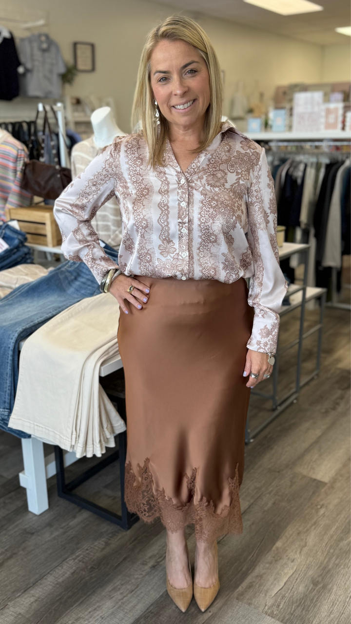 Mocha Mouse Lace Hem Satin Skirt