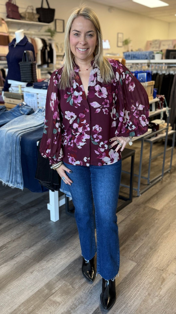 Pleated Sleeve Floral Button Blouse
