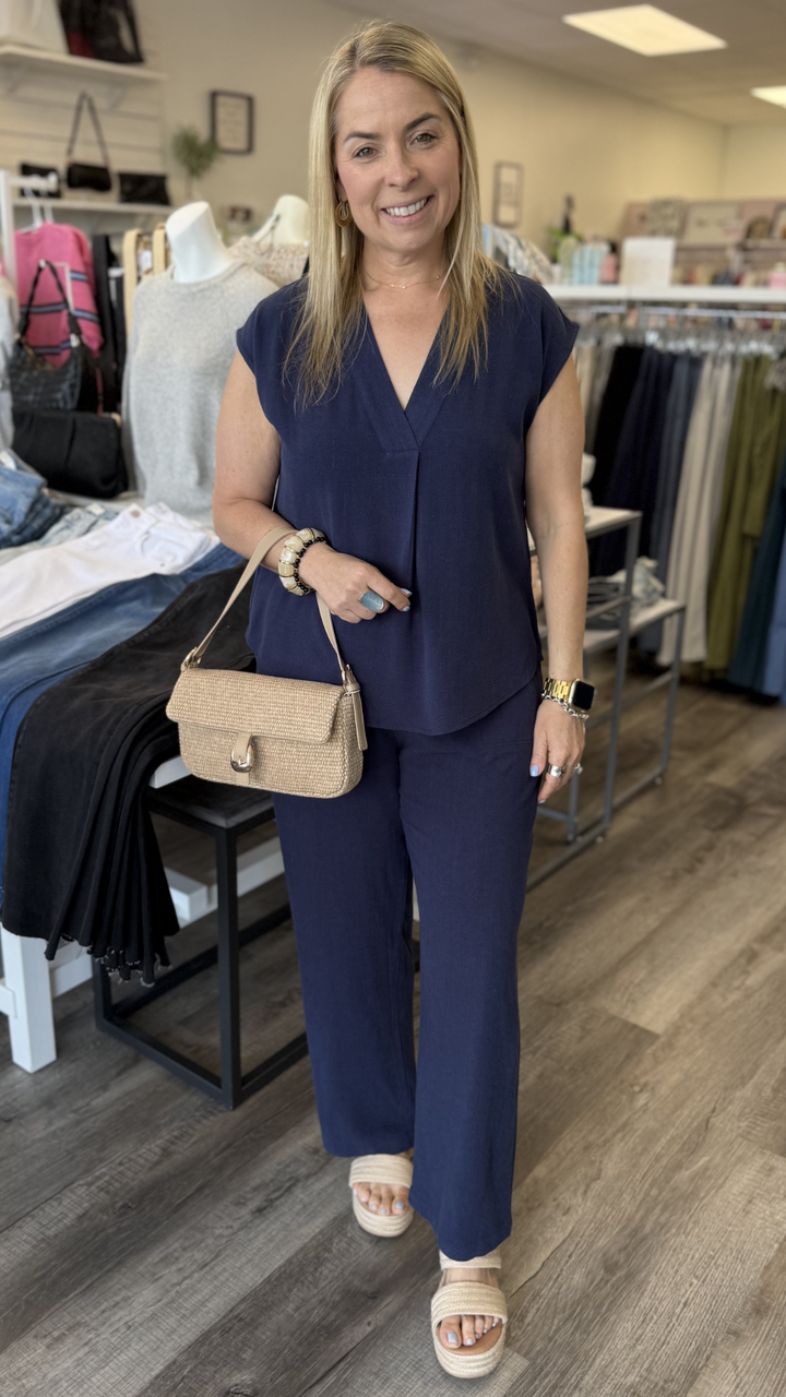 Navy V Neck Dolman Sleeve Top