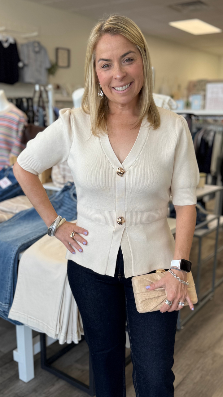 Ivory Ribbed Short Sleeve Peplum Cardigan Top