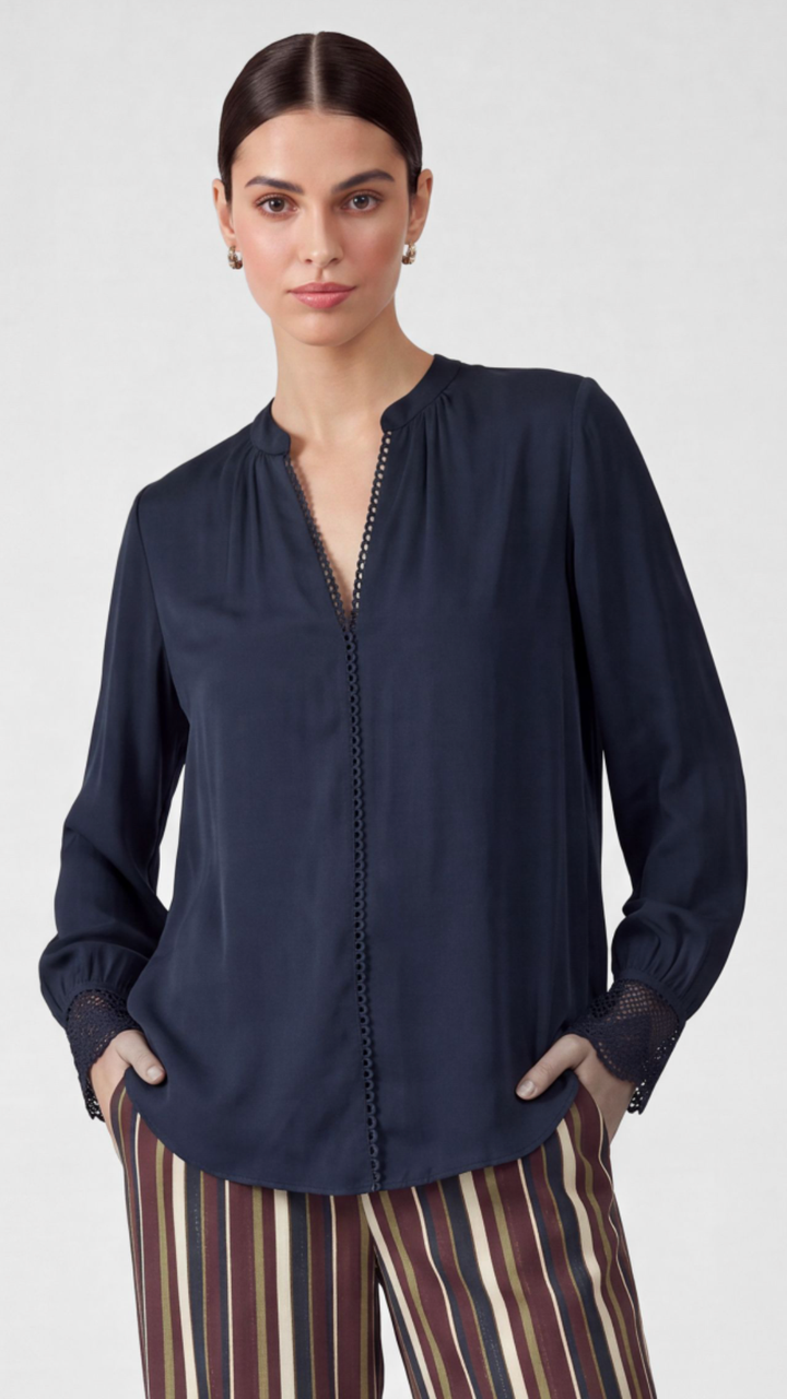 Navy Lace Trim Placket Detail Blouse